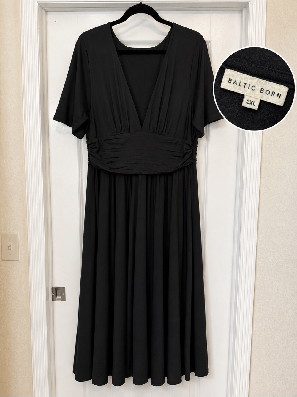 Baltic Born Black V-Neck Ruched-Waist Midi Dress